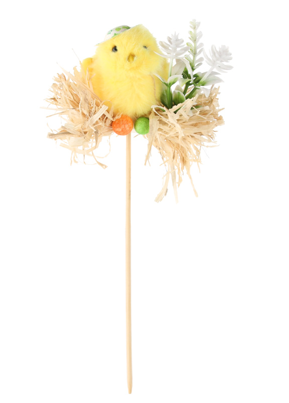 Velikonoční zápich s kuřátkem ve slámovém hnízdě 5 × 23 cm, mix 3 designů (12 ks)