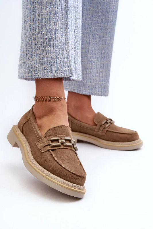 Dámské semišové mokasíny na plochém podpatku s ozdobou D&A Brown Velikost: 38