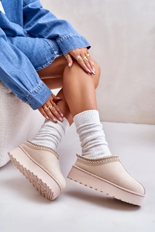 Sněhule Dámské Na Platformě Zateplené Kožíškem Světle Béžové Remenia 41