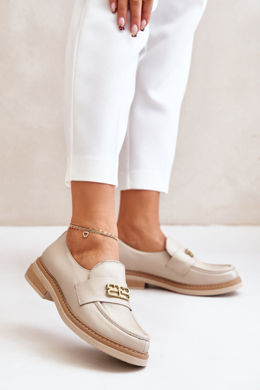 Zazoo 20174 Kožené Elegantní Polobotky Dámské Na Plochém Podpatku Béžové 40