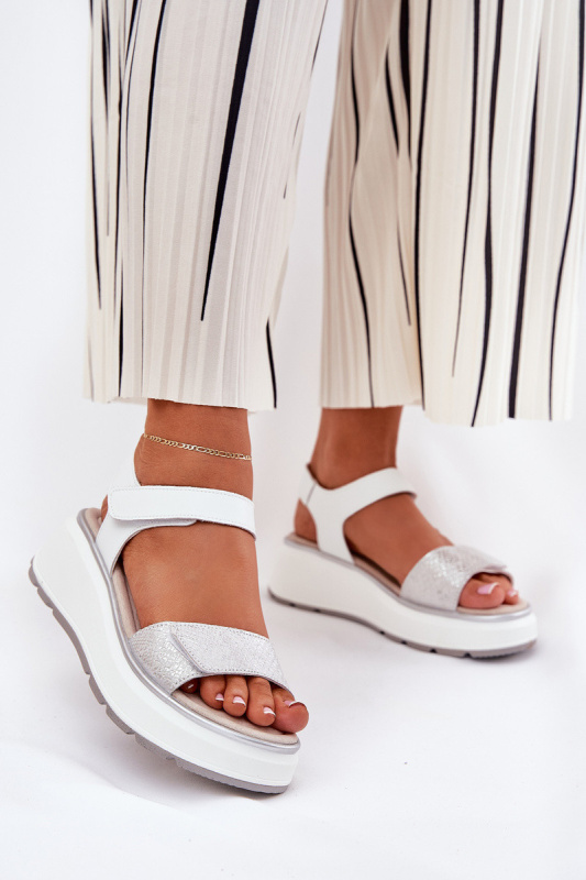 Dámské Kožené Sandály Na Platformě A Klínu Na Suchý Zip S.Barski LR51-543 Stříbrné 39