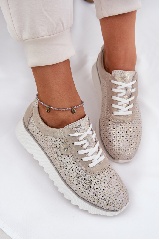 Semišové perforované tenisky na platformě zlaté LR51-927 38