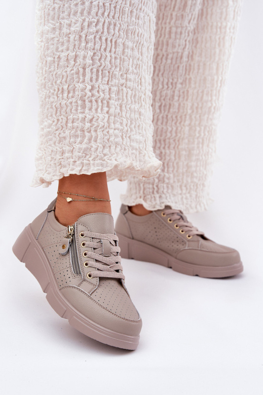 Kožené Sportovní Boty Tenisky Na Platformě Se Zipem Vinceza 88019 Tmavě Béžové 36