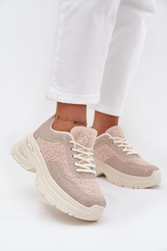 Dámské Tenisky S Krystaly A Beránkem Světle Béžové Zarika 38