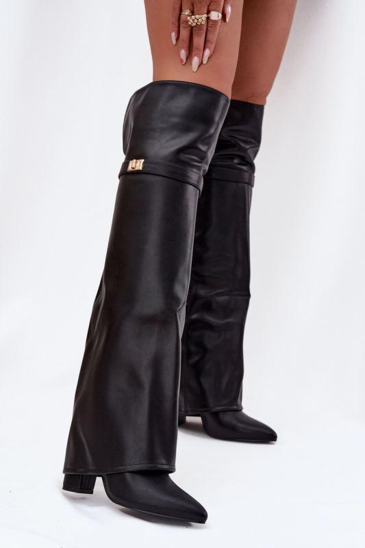 Zateplené kozačky s vytočenou holínkou za koleno podpatek sloupek černé Serelle 41