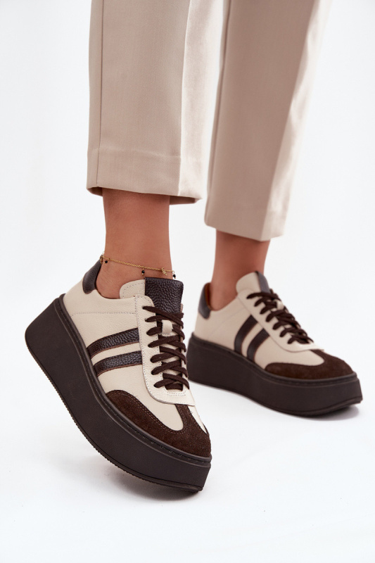 Kožené dámské tenisky na platformě Zazoo 3775 béžově-čokoládové 41