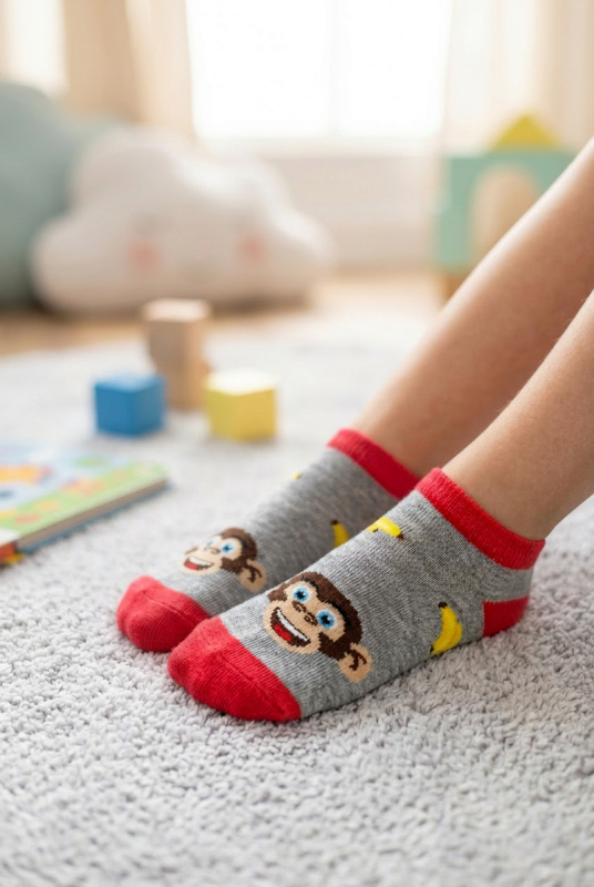 Dětské šedé kotníkové ponožky s opičkami a banány