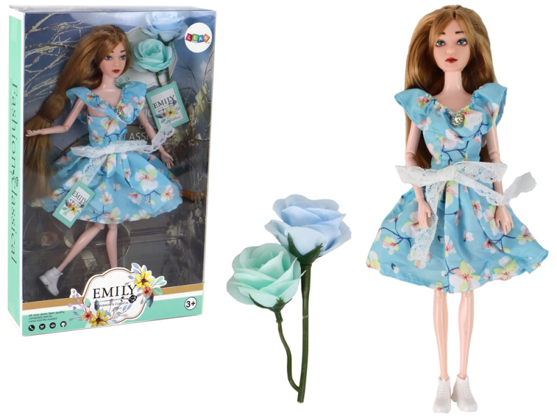 Lean Toys Emily v modrých šatech s květinami