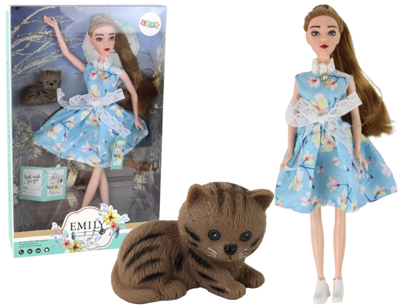 Lean Toys Emily v modrých šatech s koťátkem