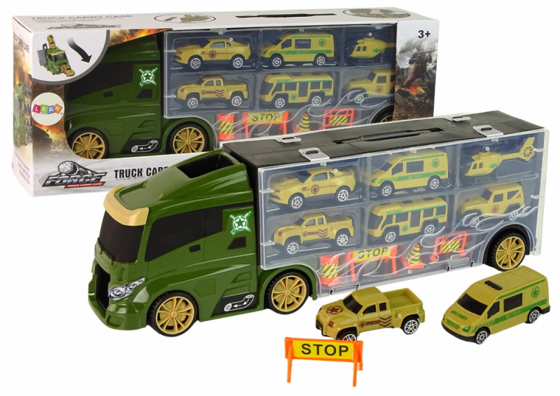 LEANToys Nákladní auto s přívěsem a 6 vojenskými vozidly