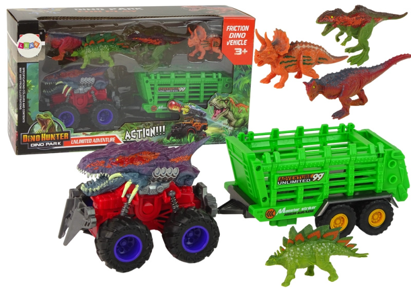 Lean Toys Vozidlo s přívěsem s motivem dinosaura + 4 kusy dinosaurů
