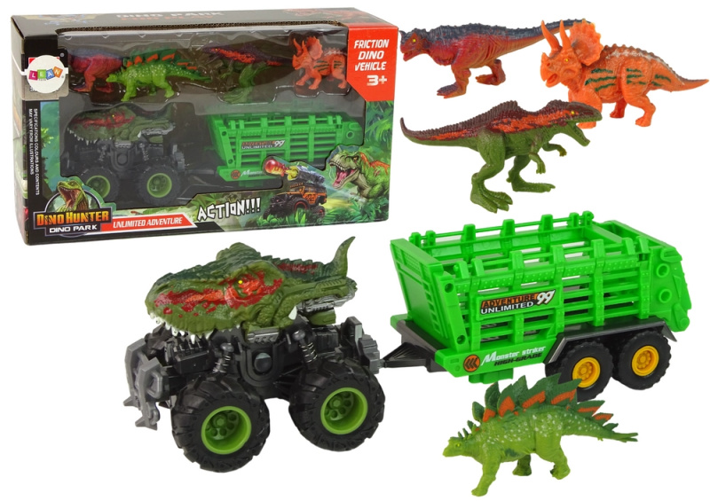 Lean Toys Vozidlo s přívěsem s motivem dinosaura + 4 kusy dinosaurů