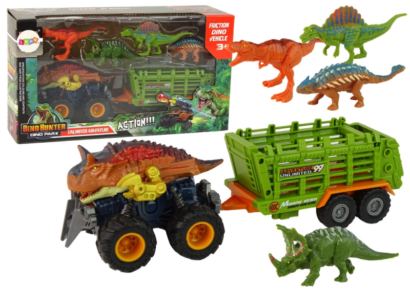 Lean Toys Vozidlo s přívěsem s motivem dinosaura + 4 kusy dinosaurů
