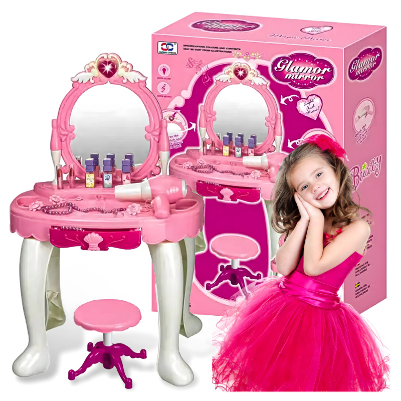 Růžová dětská toaletka se zrcadlem a taburetkem s příslušenstvím