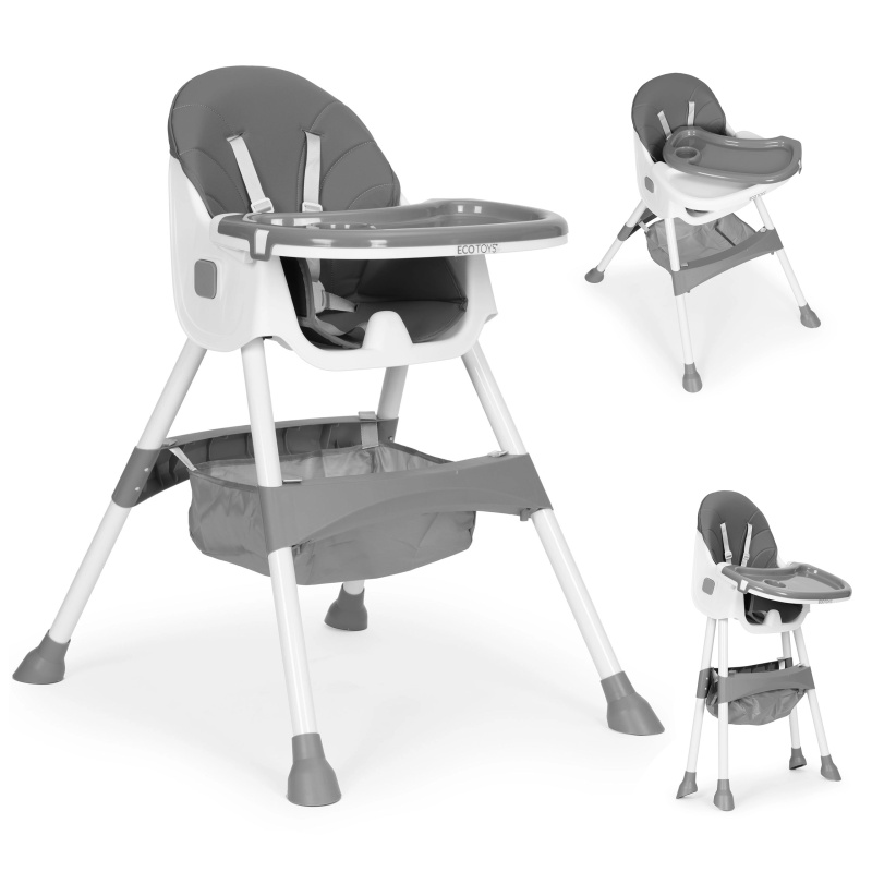 Dětská jídelní židlička s podnosem a košíkem, pětibodovým pásem, šedá, ECOTOYS