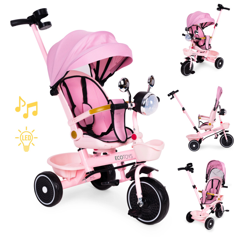ECOTOYS Dětský tříkolový kočárek s otočným sedadlem růžový