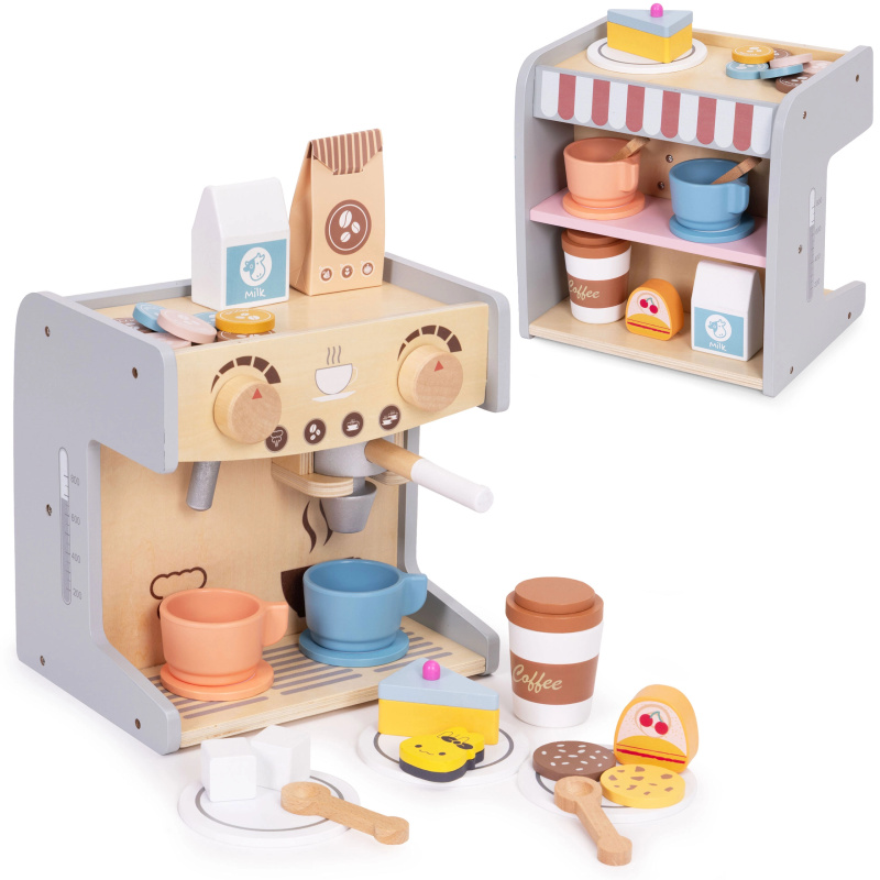 Dřevěný kávovar pro děti 2v1 s kavárnou a 26 doplňky ECOTOYS