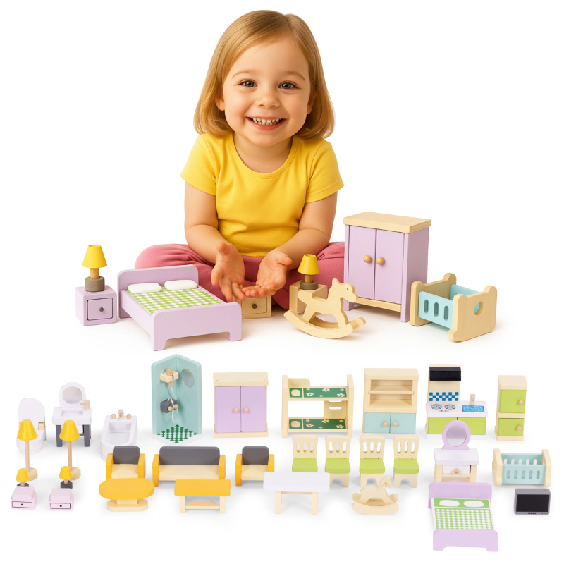 Dřevěný nábytek do domečku pro panenky – sada 30 kusů