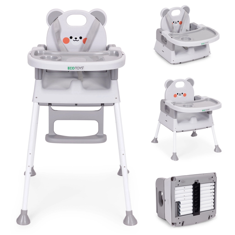 jídelní židlička pro děti 3 v 1 s dvojitým tácem a 5bodovým pásem, šedá ECOTOYS