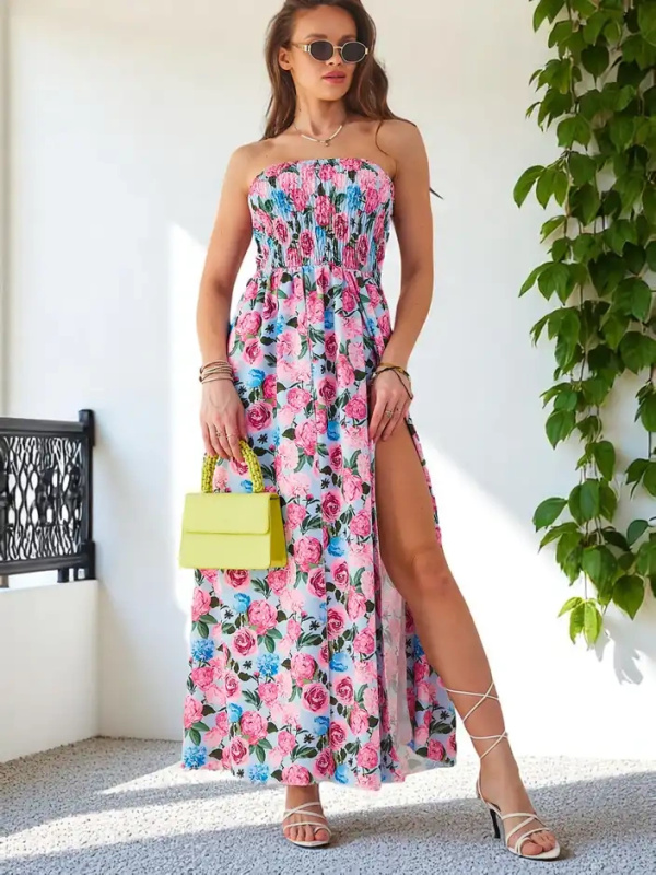 Resti Patterned women's midi dress without sleeves, featuring a wide elastic band and slits at the bottom