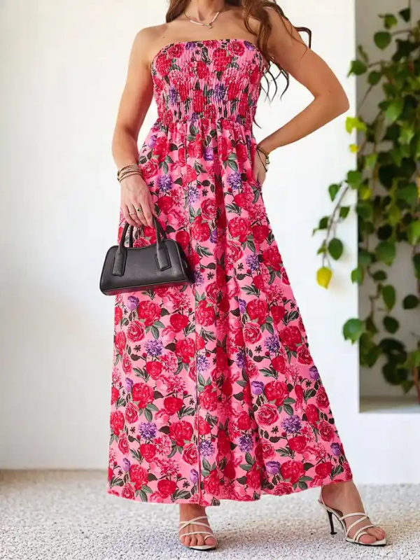 Resti Patterned women's midi dress without sleeves with a wide elastic band and slits at the bottom