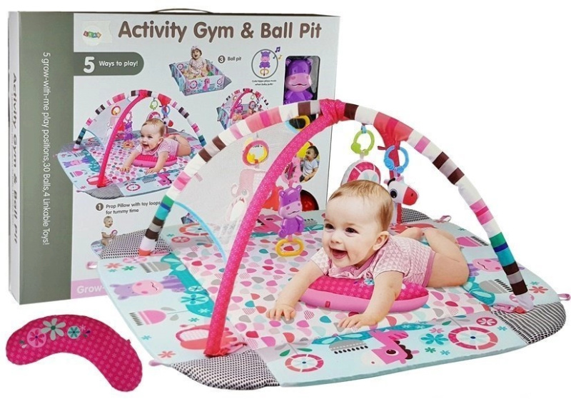 LEANToys Velká hrací podložka pro miminka 5v1 s kuličkami růžová