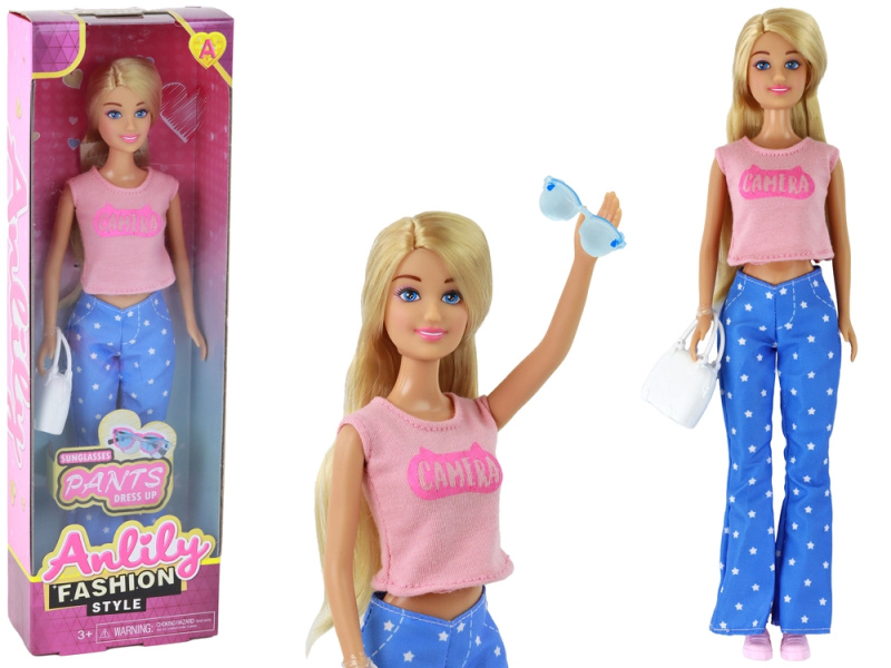 LEANToys Anlily Dlouhé Blond Vlasy Kabelka Brýle Růžová Halenka