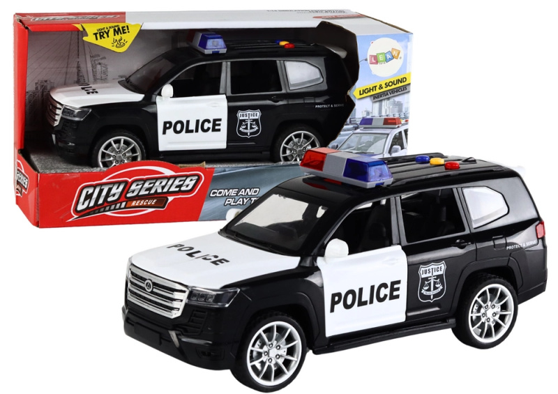 Policejní auto s efekty, otevíracími dveřmi a měřítkem 1:14