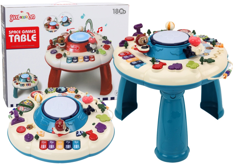 Interaktivní edukační stolek s pianem a bubínkem, modrý