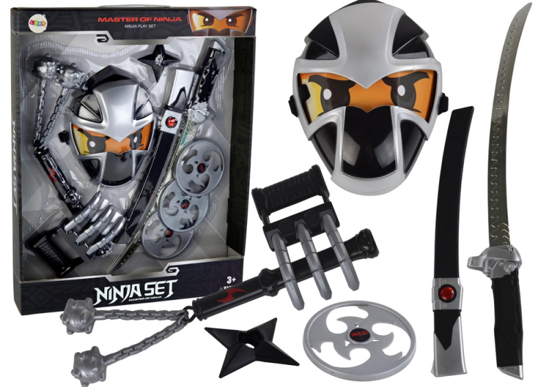 Dětský ninja set s meči, maskou, shurikenem, disky, drápy a palcátem
