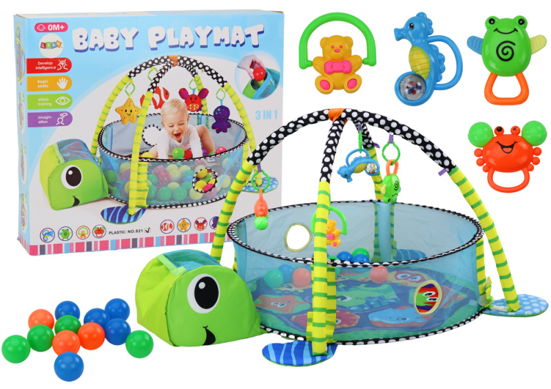 Lean Toys Hrací podložka a lehátko pro miminko s míčky bazének 3v1 Želva