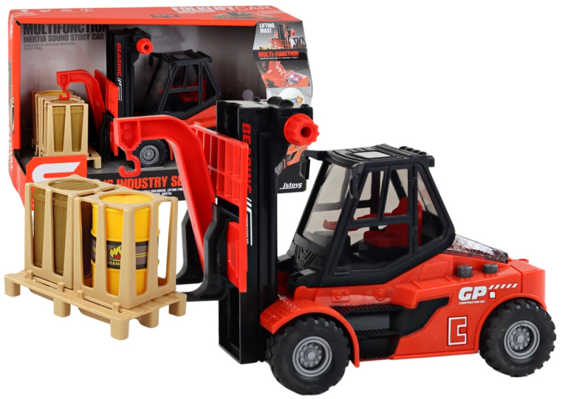 LEAN Toys Červený vysokozdvižný vozík Pohybující se vidlice Zvuky Světla 1:16