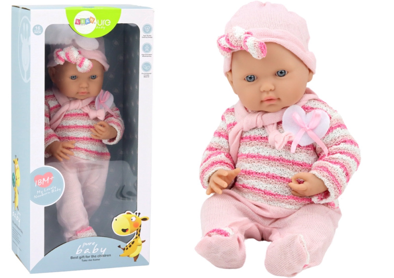 LEANToys Panenka v pruhovaném růžovém svetříku a čepičce 47cm