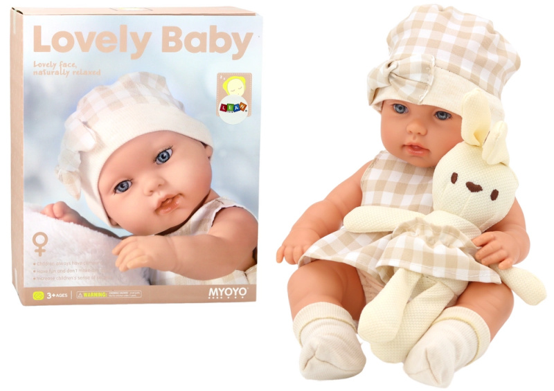 LEANToys Panenka v nosítku v kostkovaném béžovém oblečku