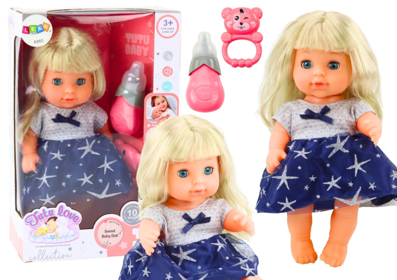 LEAN Toys Panenka v námořnických modrých šatech čůrající láhev chrastítko zvuky