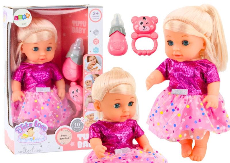 LEAN Toys Panenka v růžových šatech čůrající láhev chrastítko zvuky