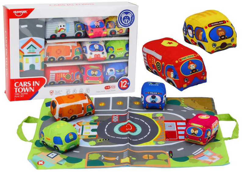 LEANToys Sada plyšových autíček s hrací podložkou