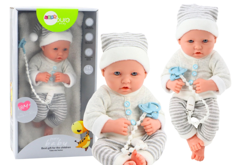 LEAN Toys Panenka v bílém a šedém pruhovaném oblečení čepička dudlík deka