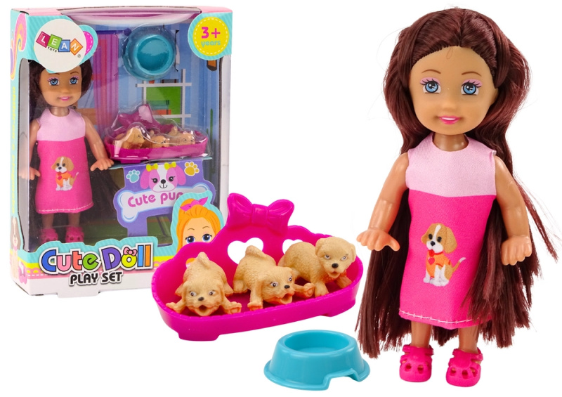 LEAN Toys Mini panenka Dlouhé vlasy Šaty Tři psi Postel