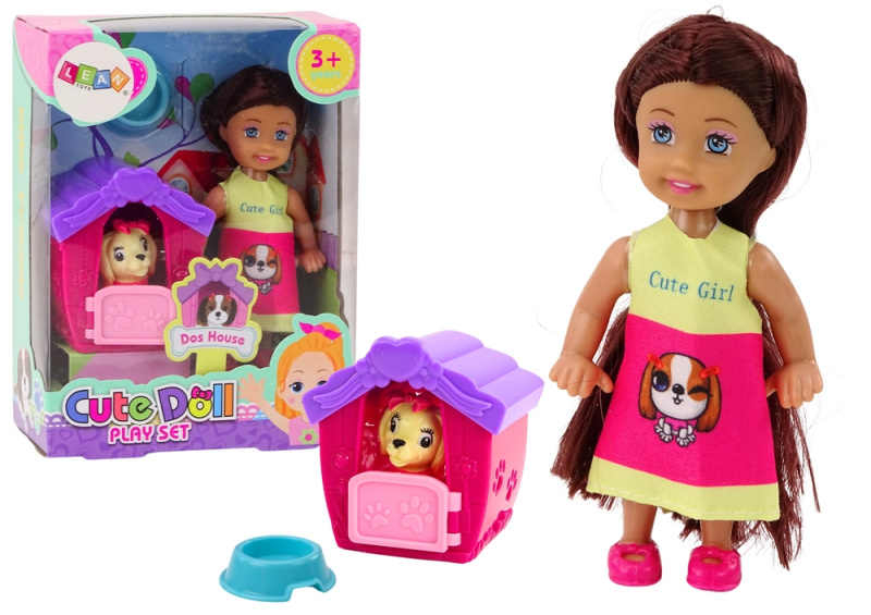 LEAN Toys Mini panenka Dlouhé vlasy Barevné šaty Pes Buda