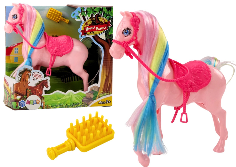 LEAN Toys Figurka koně s barevnou hřívou a růžovým kartáčovým sedlem