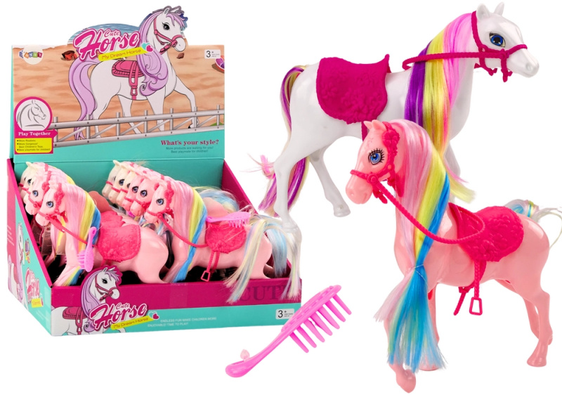 LEAN Toys Figurka koně s barevnou hřívou sedlem kartáčem bílo růžová