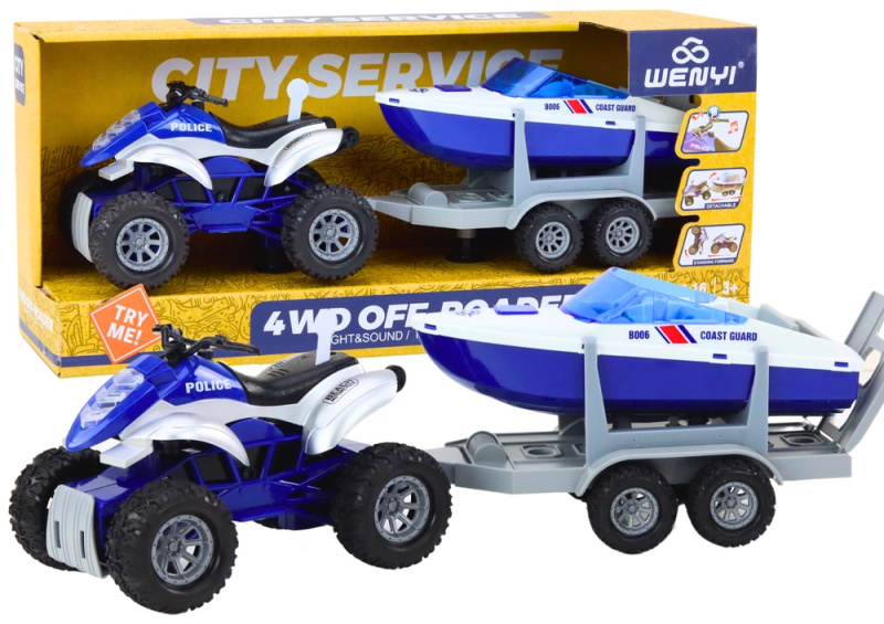 Lean Toys Policejní čtyřkolka s přívěsem pro přepravu člunu a motorového člunu