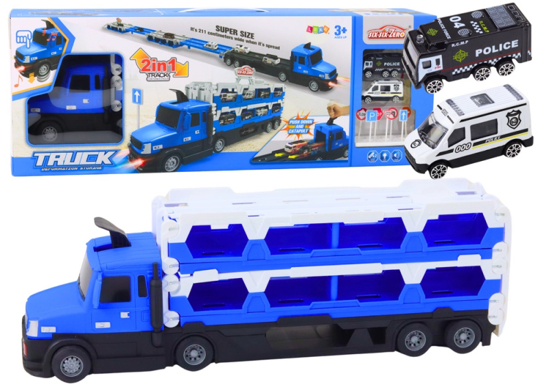 Lean Toys Lora Tow Truck Race Track 2v1 Světla Zvuky Značky Auta Modrá