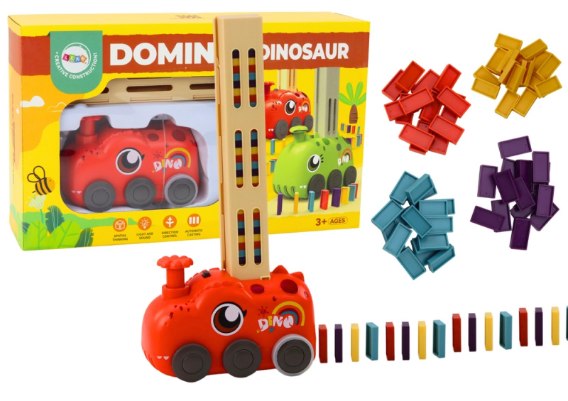 Červený dinosauří vláček na baterie stavějící barevné domino