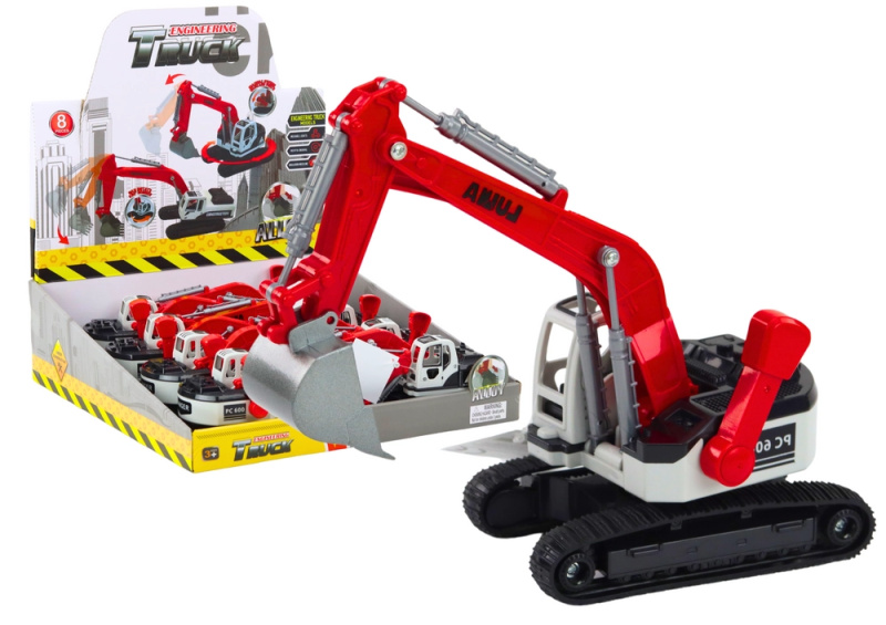 Lean Toys Pásové rypadlo s bílou a červenou kovovou lžící