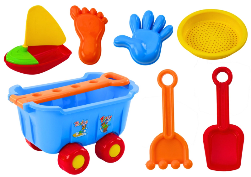 Lean Toys Sand Toys Modrý vozík s hráběmi a lopatkami Loď 8 El