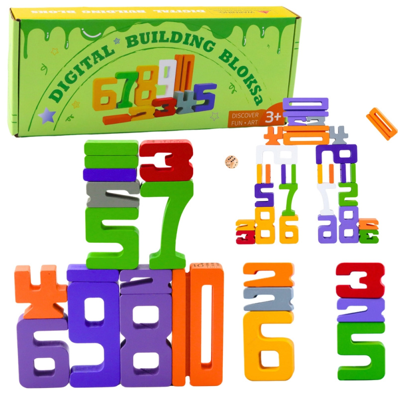 Dřevěné číslice pro učení matematiky s kostkami – edukativní stavebnice