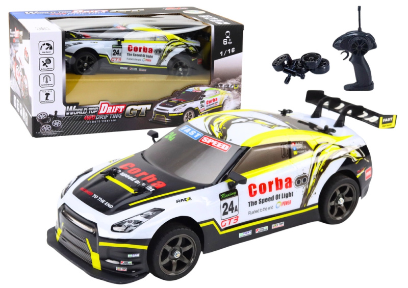 RC závodní auto 1:16 Drift s vyměnitelnými koly bílo-žluté