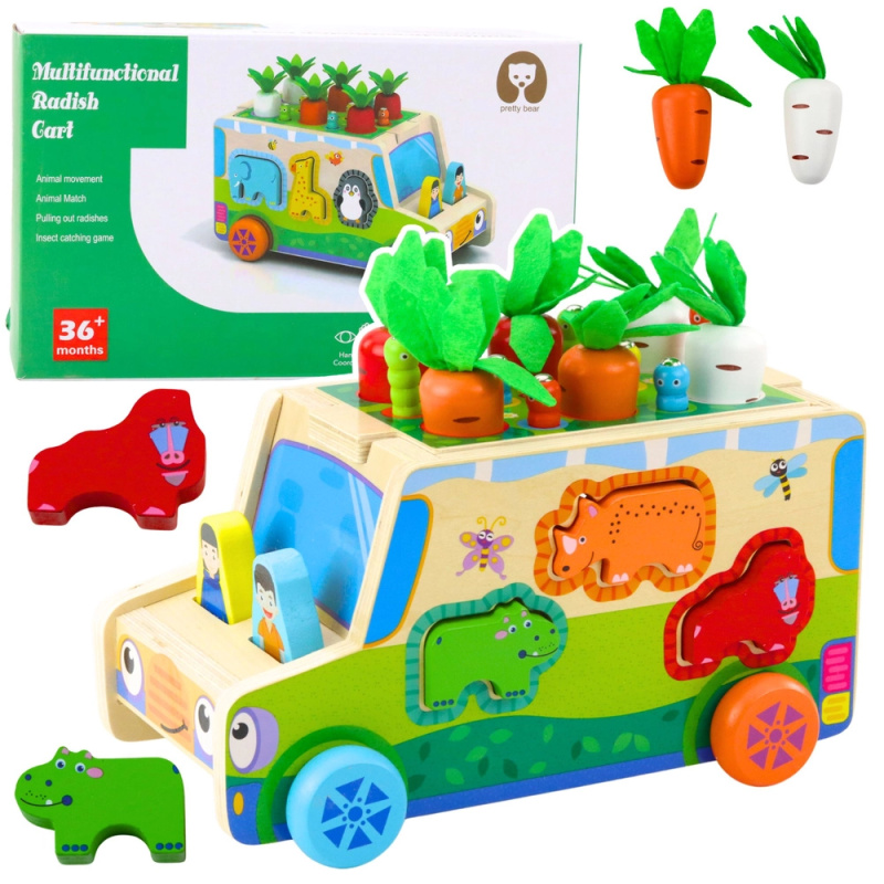 Dřevěné edukativní auto – sorter tvarů, labyrint a magnetická hra